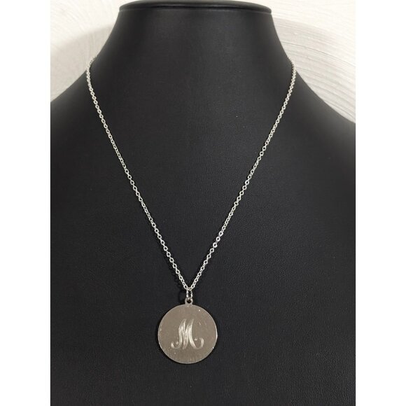 Silver Tone Initial Letter M Etched Round Pendant Necklace Monogram 18 in - Picture 2 of 8